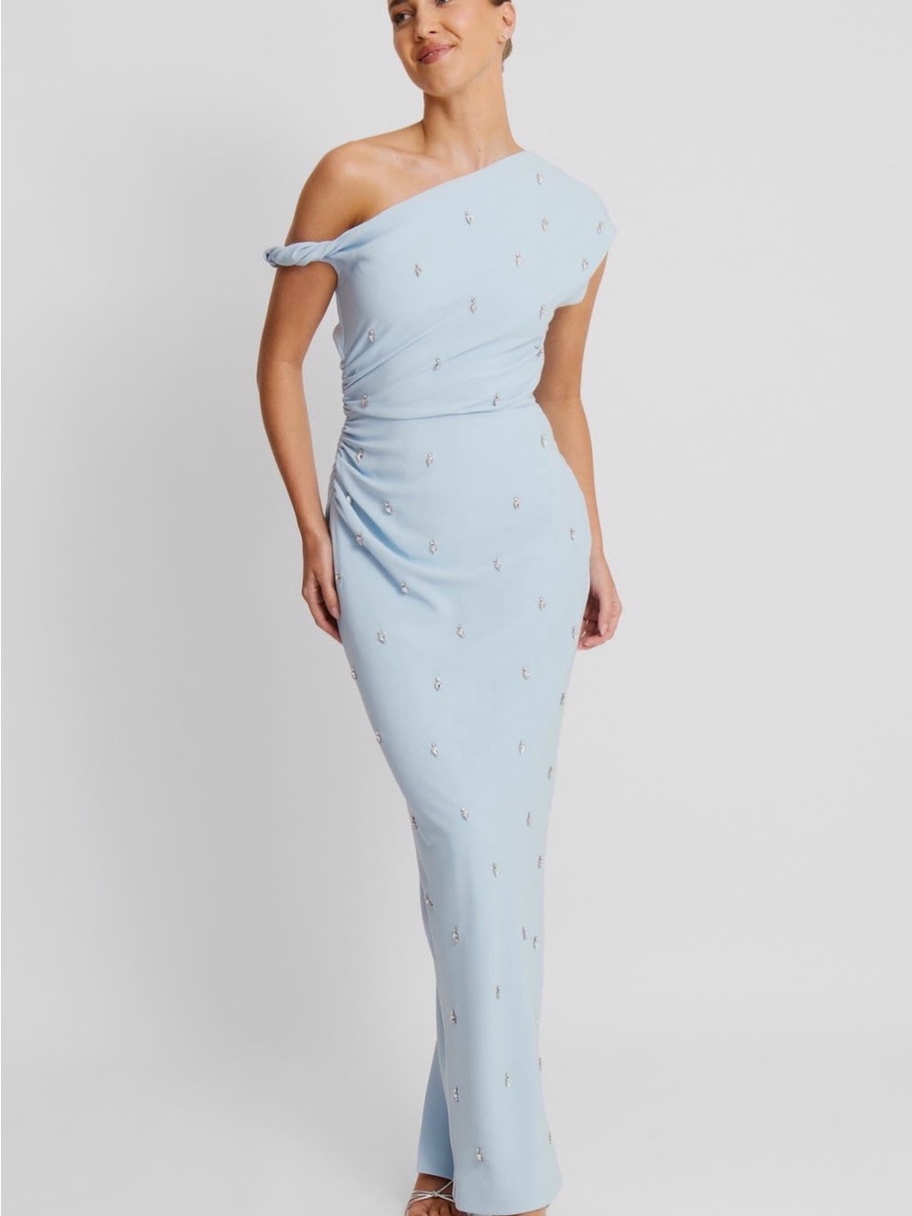 One-Shoulder Light Blue Embellished Gown